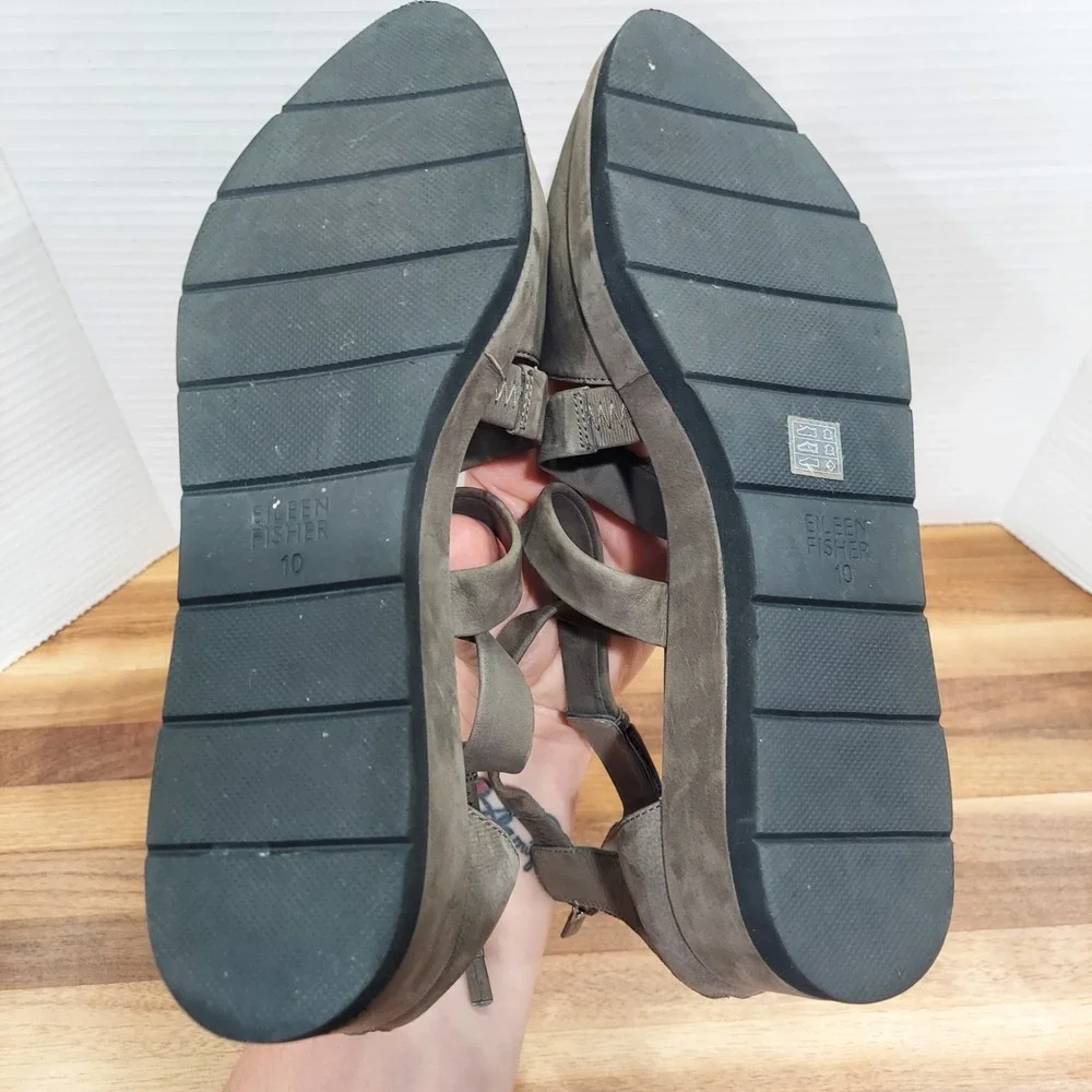 Eileen Fisher Wedge Sandals Women's 10 Gray Leather Strappy Pointed Toe Zip Back